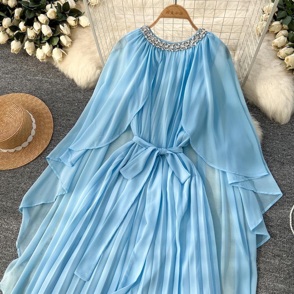 Elegante vestido largo plisado de gasa con cuello redondo, cordones y mangas estilo capa vintage para mujer, ropa de calle de moda