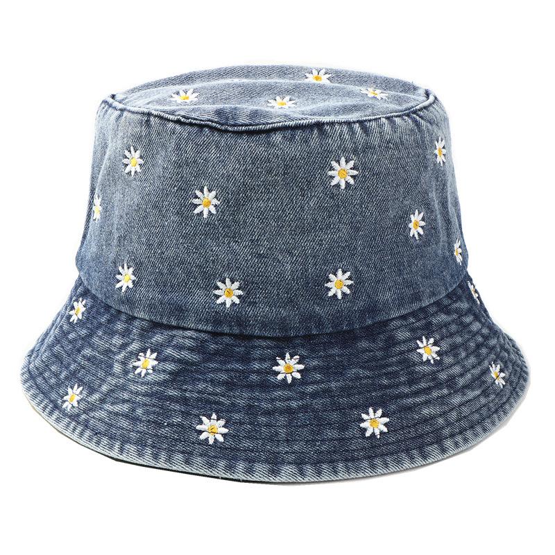 Vintage Washed Distressed Daisy Embroidery Bucket Hat Fisherman Cap - Casual, Relaxed Fit, Summer Fashion Accessory for Women