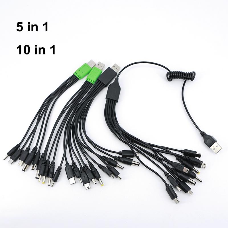 1 USB male to 5 way 10 way type c DC 5.5x2.1mm 2.0x0.7mm male 5P V3 V8 mirco usb male power charging spring cable 10 in1 charger