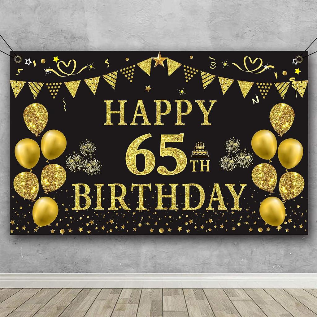Trgowaul 65th Birthday Backdrop Gold and Black 5.9 X 3.6 Fts Happy Birthday Party Decorations Banner for Women Men Photography Supplies Background