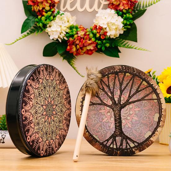 thumbnail image 2 of Handmade Shaman Drum With Drumstick - 25cm Wooden Sound Healing Tool For Meditation & Yoga 2 of 12