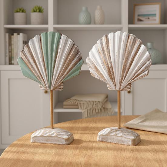 Summer Wooden Shell Ornament with Base Handmade Coastal Seashell Shape Figurine Beach Ocean Tabletop Centerpiece for Living Room Bathroom