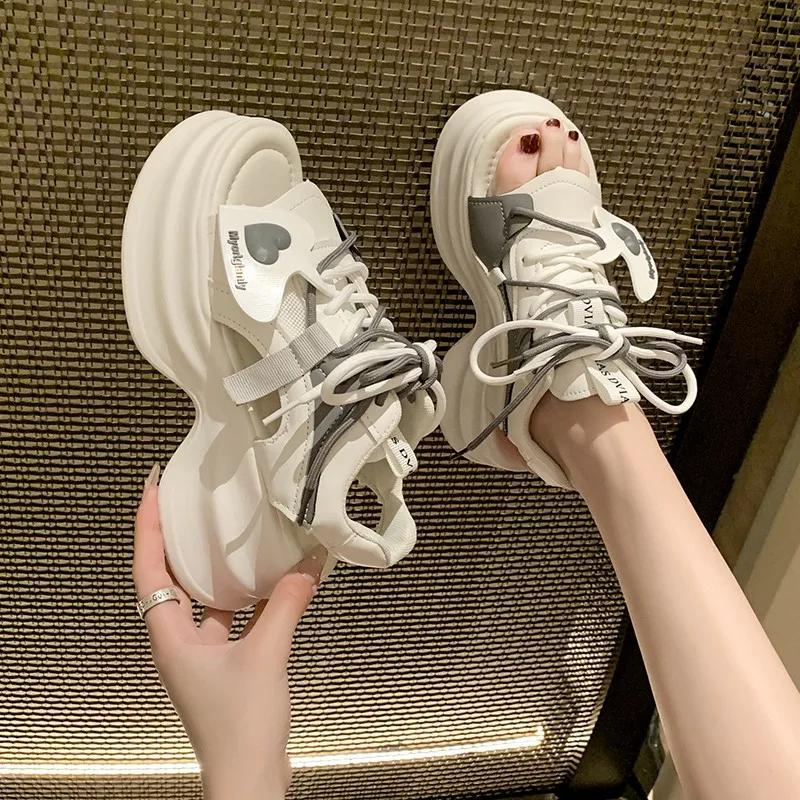 Fashion Fashion Sports Platform Sandals  Summer Thick Bottom Wedge Walking Shoes Woman Peep Toe 2024 Lace Up Chunky