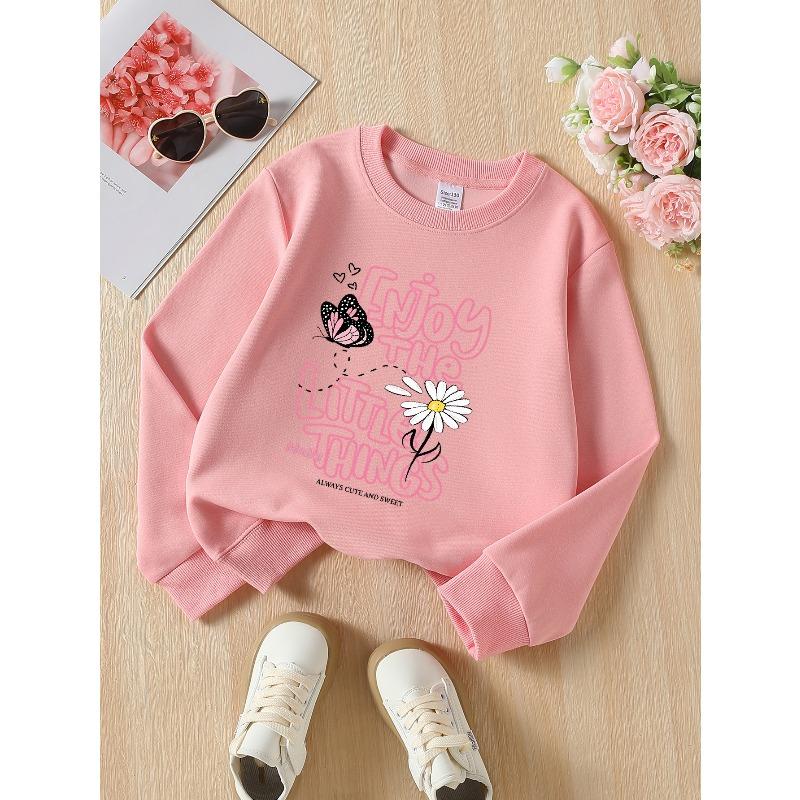 Girls' Long-Sleeve Round Neck Sweatshirt with Printed Design, Enjoy The Little Thi Suitable for Spring And Autumn, Fashionable And Casual