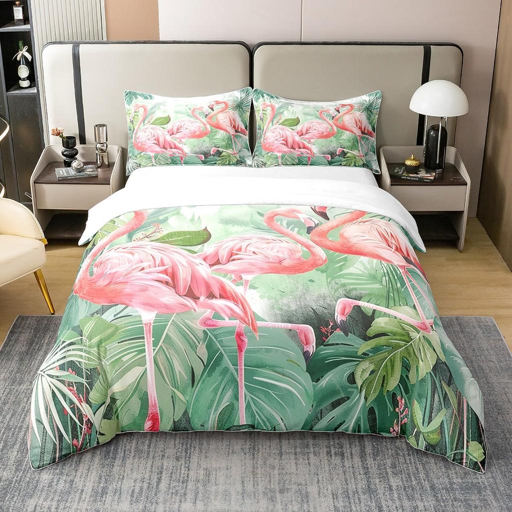 Comforter Queen Size Pink Flamingo Boys Girls Palm Leaves Bedding Set For Couples Bird Print Comforter Set