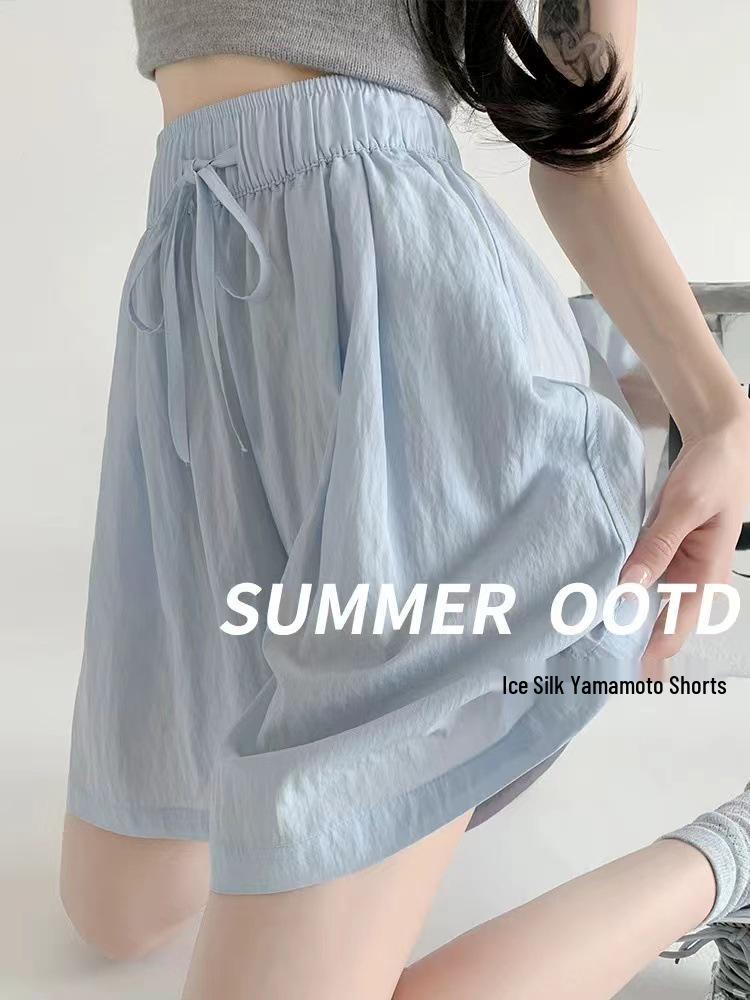 Women's High-Waist Blue Ice Silk Wide-Leg Shorts - Summer 2025 Mid-Length Casual Sportswear