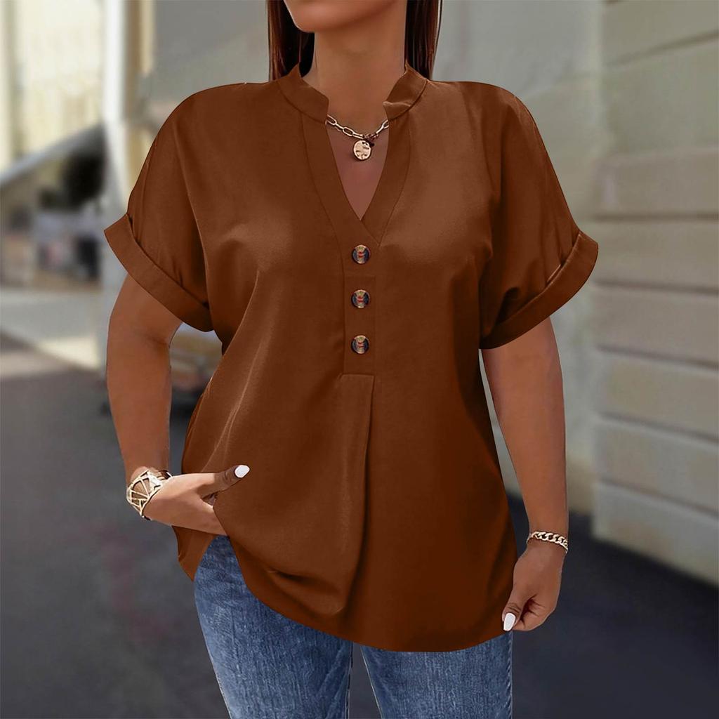 Women's Fashion Short Sleeve V Neck Button Up Blouse Stylish Casual Plus Size Top