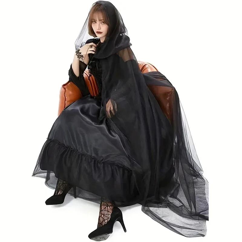 Châle de Mariée Noir Cape Cosplay Sorcière Vampire Cape Double Halloween Accessoires de Costume Fête de Jeu Déguisement de Fête