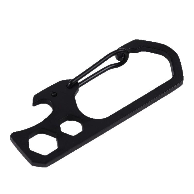 Stainless Steel Multi-Function Carabiner Keychain with Bottle Opener and Hex Wrench for Outdoor Camping.