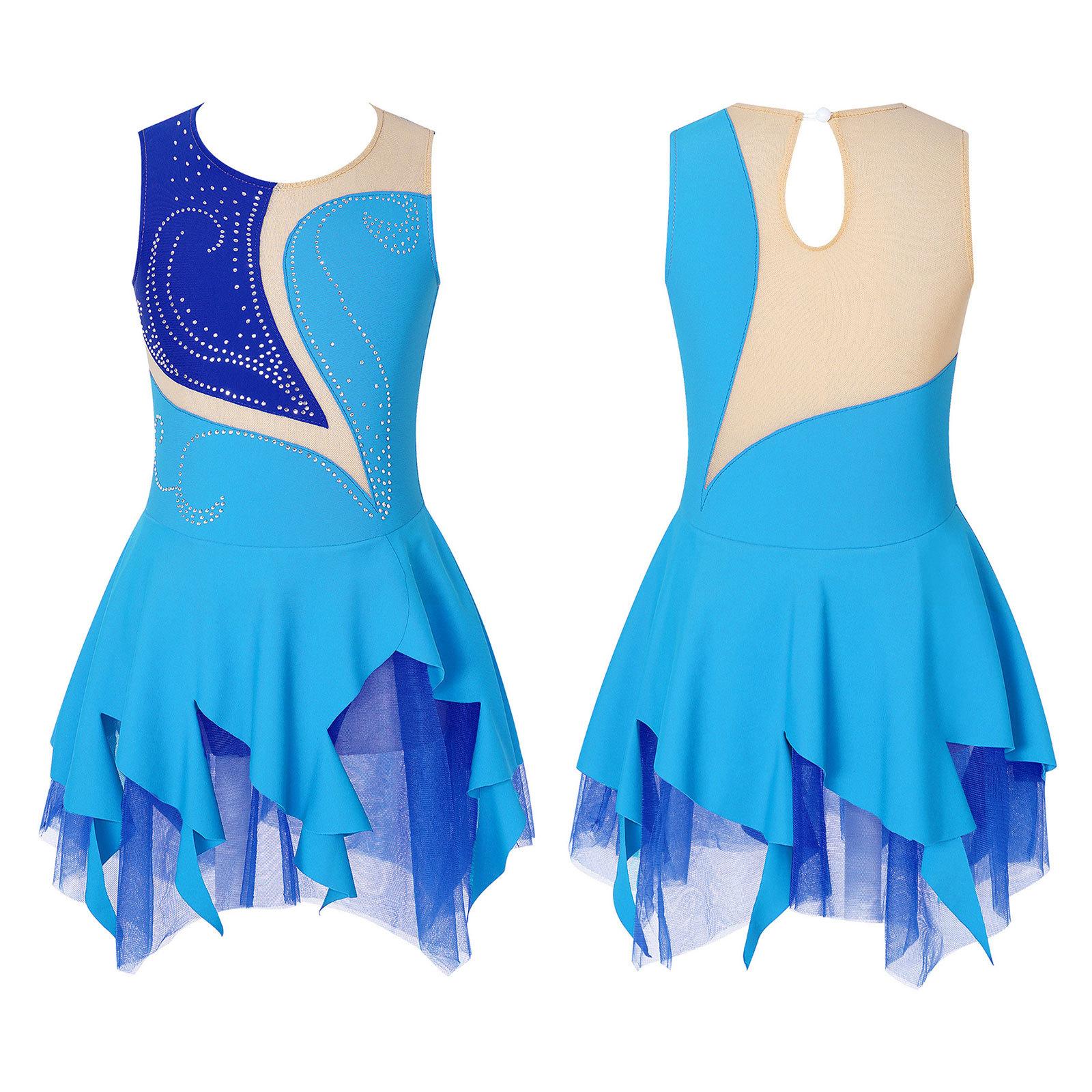 

Kids Girls Sparkly Dance Dress Sleeveless Round Neckline Rhinestone Patchwork Hollow Back Party Costume 15-16 Years синій