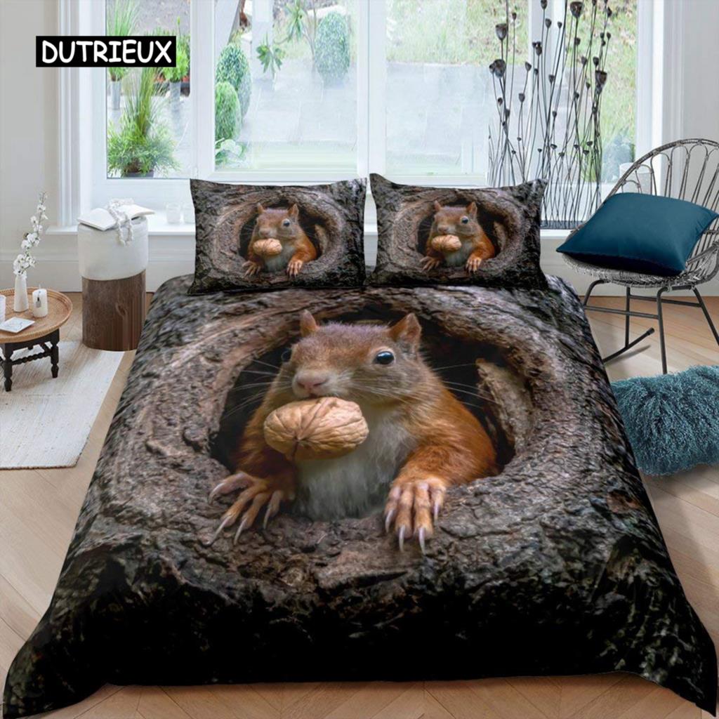 Squirrel Duvet Cover Set Cute Squirrel Twin Bedding Set 3D Animal Comforter Cover Nature Theme King Size Polyester Quilt Cover
