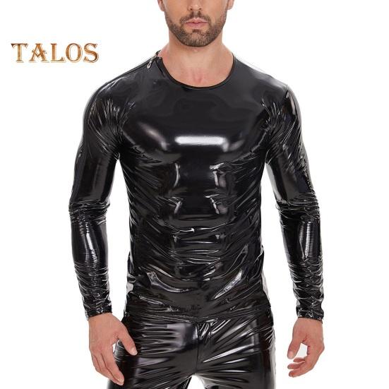 

Чоловіча футболка з рідким блискучим штучною шкірою з мокрим ефектом і довгим рукавом, на плечі, блискавка, приталена сорочка в стилі хіп-хоп, вечірня блузка для нічного клубу L