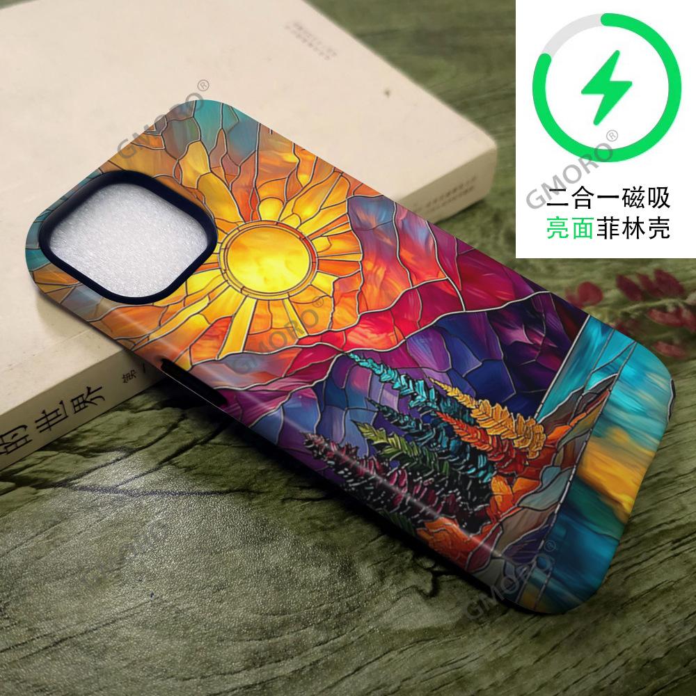 Retro sunset glazed landscape pattern iPhone16 matte two-in-one film mobile phone case Apple 17 foreign trade explosion