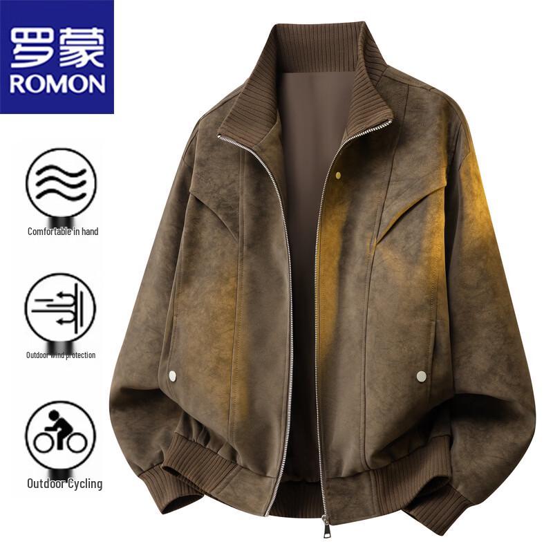 ROMON Men's Vintage Stand-Collar PU Leather Jacket