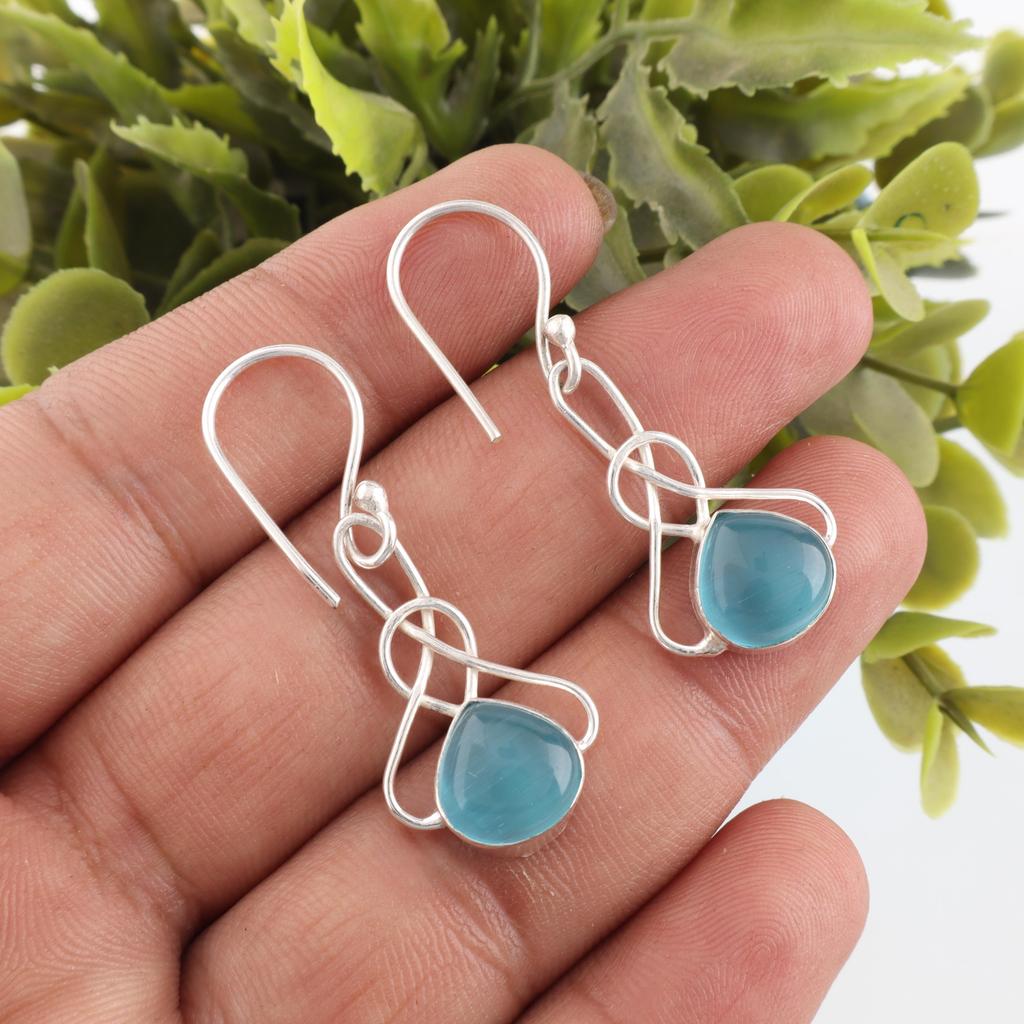 Blue Cat's Eye Gemstone Earrings, 925 Sterling Silver Earrings Jewelry, Handmade Jewelry Earrings, Balancing Jewelry Gift For Women