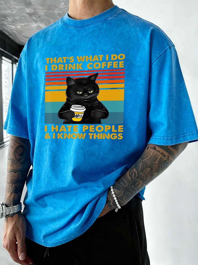 Cat Like Coffee Hate People Printed Washed T Shirts Soft Breathable TShirt Cotton Loose Short Sleeves Running Men Clothes