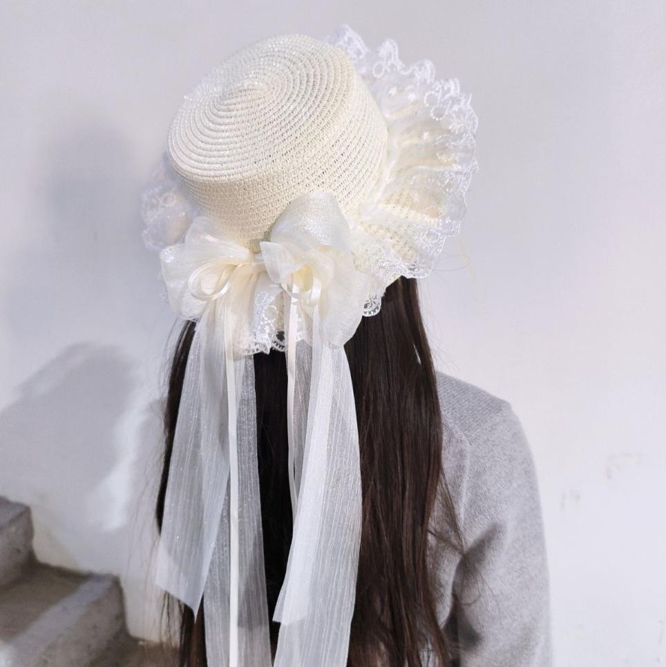 

Harajuku Women Girls Straw Hats Beach Sun Hat Sweet Lolita Kawaii Princess ribbon Floral Lace Bow Straw Hat Female Handmade 54-59cm білий