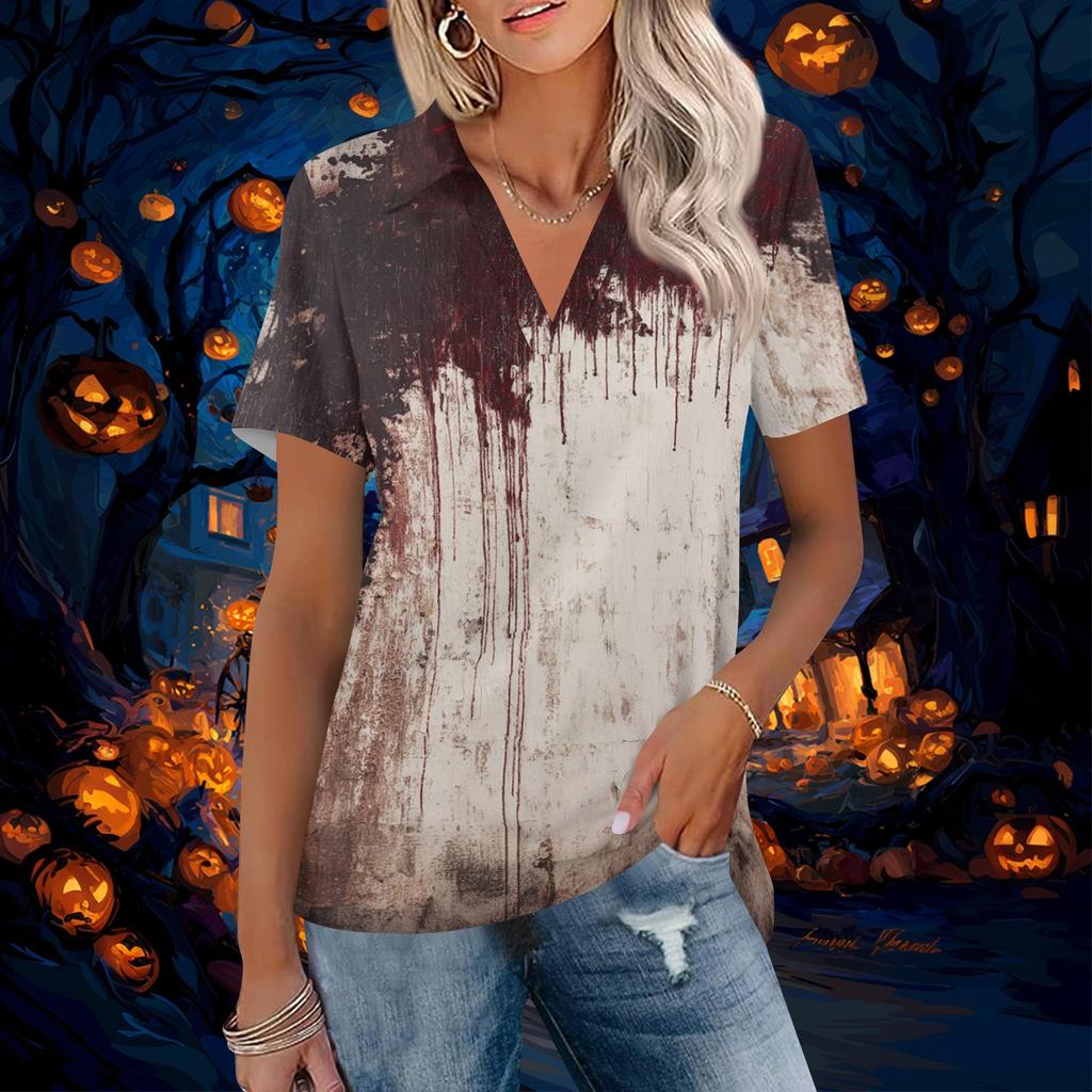 Women V Neck Short Sleeve Halloween Print Collared Top Casual Loose Fit Pattern Blouse for Daily Wear Office School