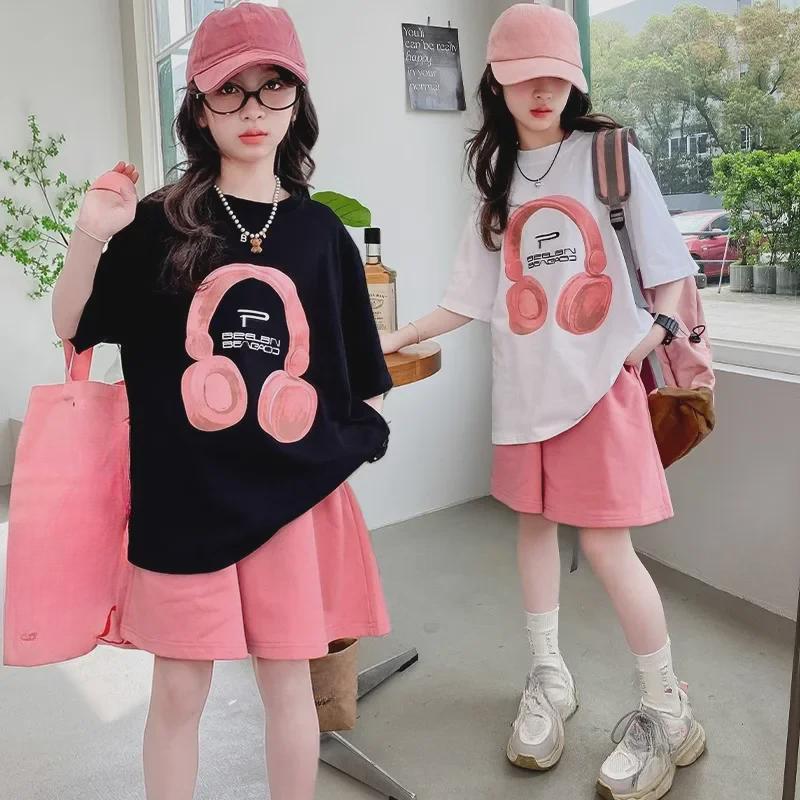 Mädchen Kurzarm Set, Sommerkleidung, Kinder Stilvolle Shorts, Kinder Mittlere Größe Lässiger Sport Zweiteiler