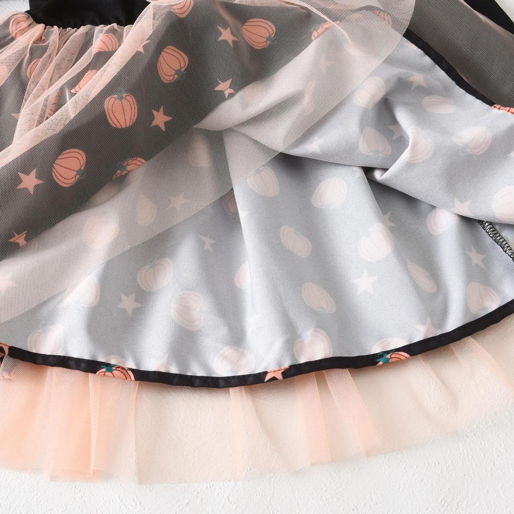 New Halloween Appliqué Mesh Dress with Pumpkin Print & Short Sleeves