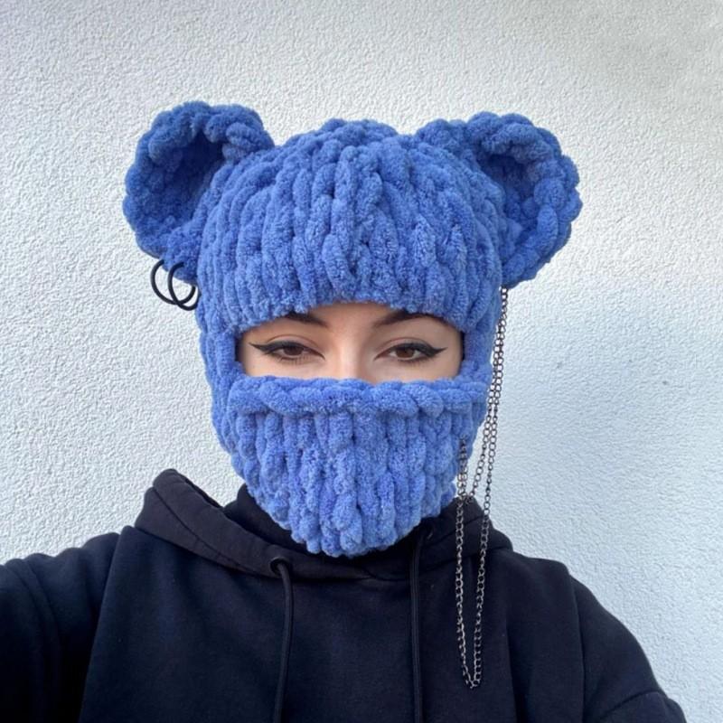 New Devil Horn Mask Thickened Fleece Knitted Hat Ice Strip Line Warm Neck Protection Punk Sweet Cool Wind Headgear Winter