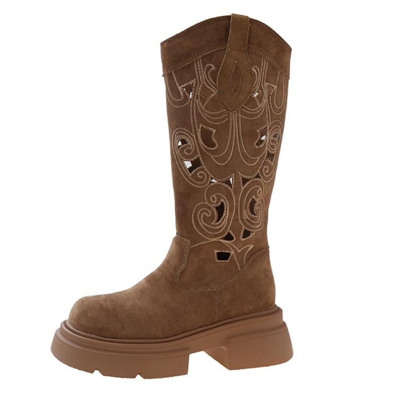 Autumn New Western Cowboy Boots Knight Boots Retro But Knee Hollowed Thick Heel Fashion Boots Women