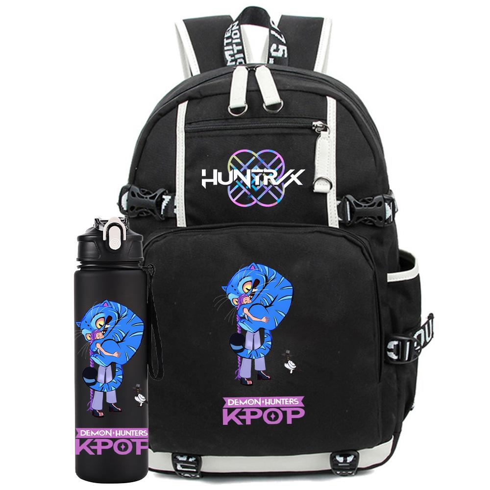 2Pcs/set Anime K-Pop Demon Hunters Printed Backpack with 750Ml Water Bottler for Teenager Student Girl Boy Large Capacity Waterproof Bookbag Gift