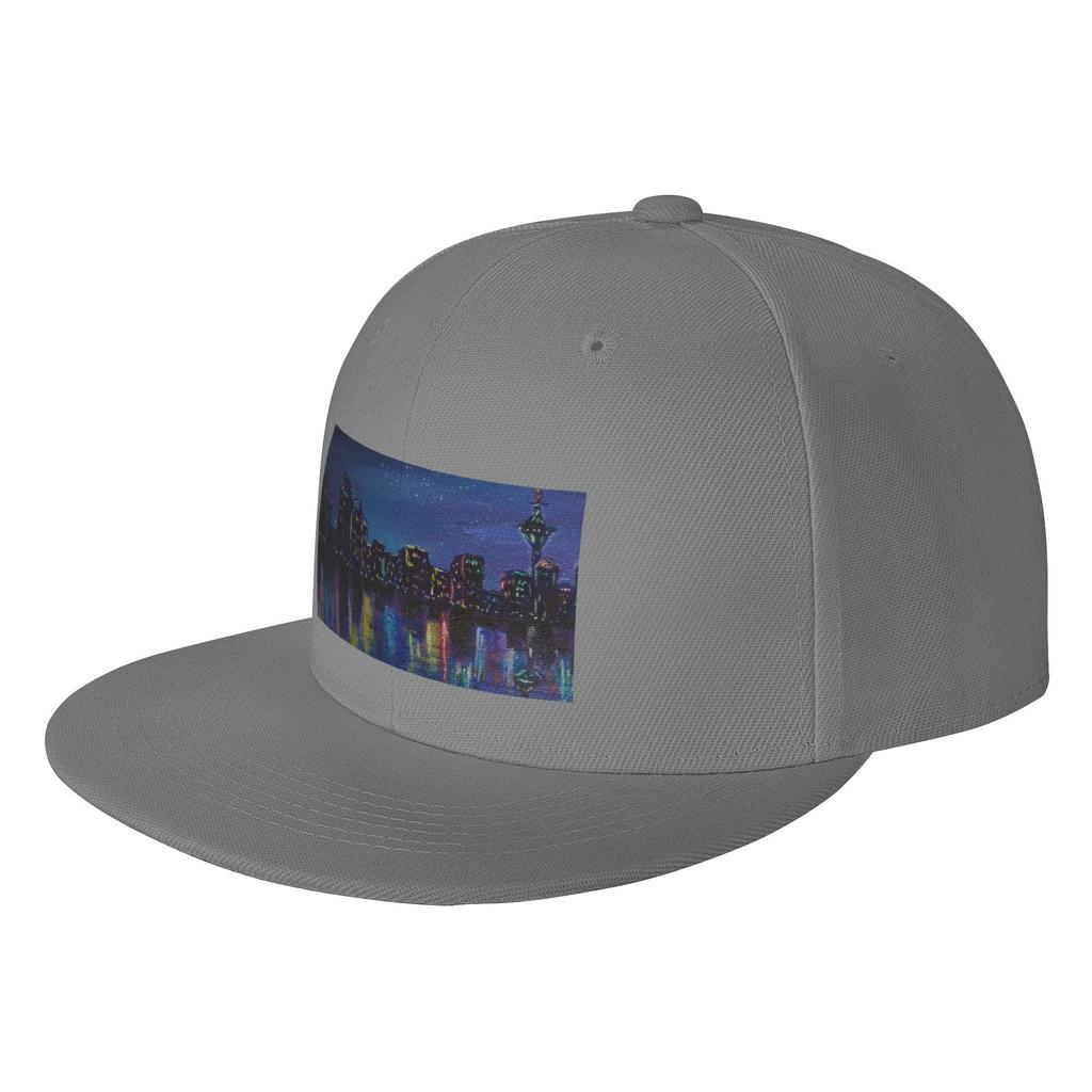 Fashion Colourful Cityscape at night reflecting on water acrylic painting Flat Brim Sun Hat Suitable For Square Faces Black Cap