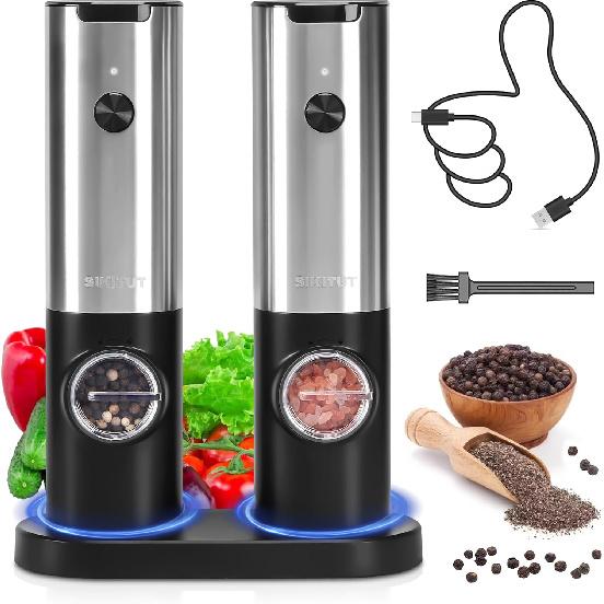 Electric Salt and Pepper Grinder Set with Type-C Rechargeable Base, Automatic Pepper Mill Grinder Refillable Set, Adjustable Coarseness, One Handed