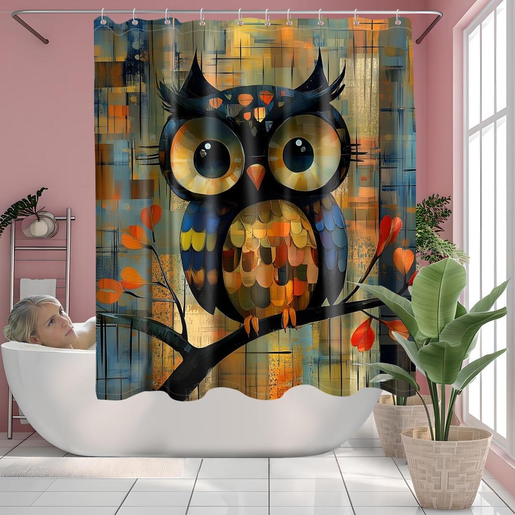 Owl Pattern Waterproof Washable Polyester Shower Curtain With 12 Hooks Modern Bathroom Decorative Shower Curtain