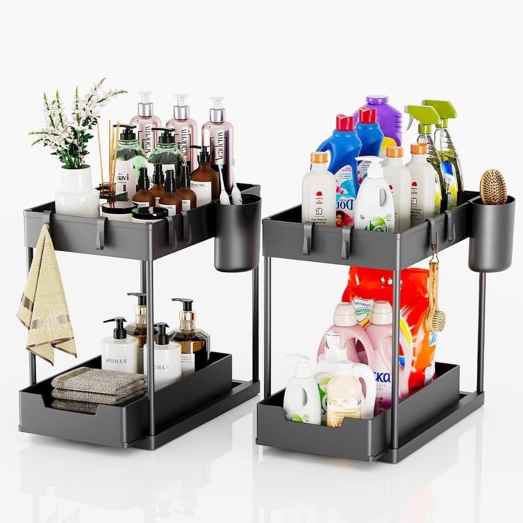 Under Sink Organizers 2 Tier Under Bathroom Cabinet Holder with Hooks & Hanging Cup, Multi-Purpose Storage Shelf for Kitchen