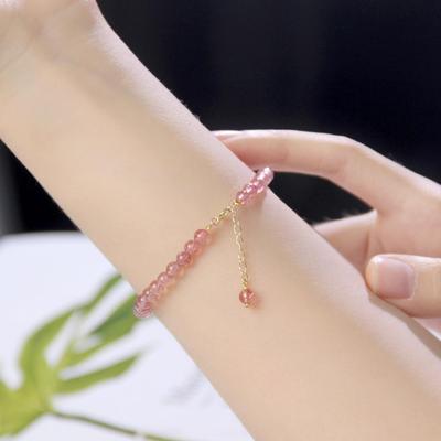 Elegante Pulseira de Quartzo Morango Flor de Pêssego Contas de Cristal Presente para Ela