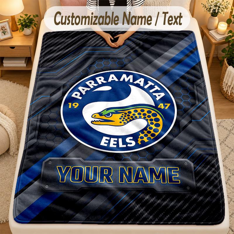 Flannel BlanketParramatta Eels Custom Name Text Personalized Soft Warm Throw Blanket Home Decor Gift