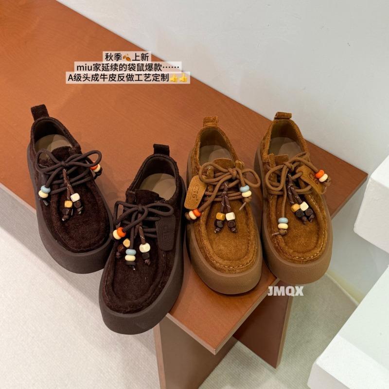 Retro beaded women's autumn new lace-up loafers, thick-soled heightening Boken kangaroo shoes