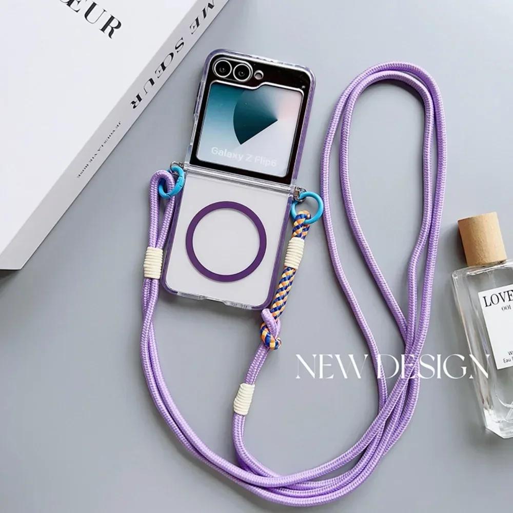 Transparent For Magsafe Magnetic Crossbody Lanyard Phone Case For Samsung Galaxy Z Flip 6 5 4 3 Flip6 Flip5 Flip4 Flip3 5G Cover