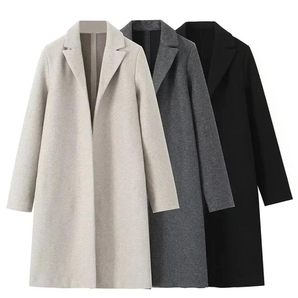 Women Fashion Solid Open Stitch Long Trench Coats Vintage V-Neck Full Sleeves Female Chic Lady Outfits