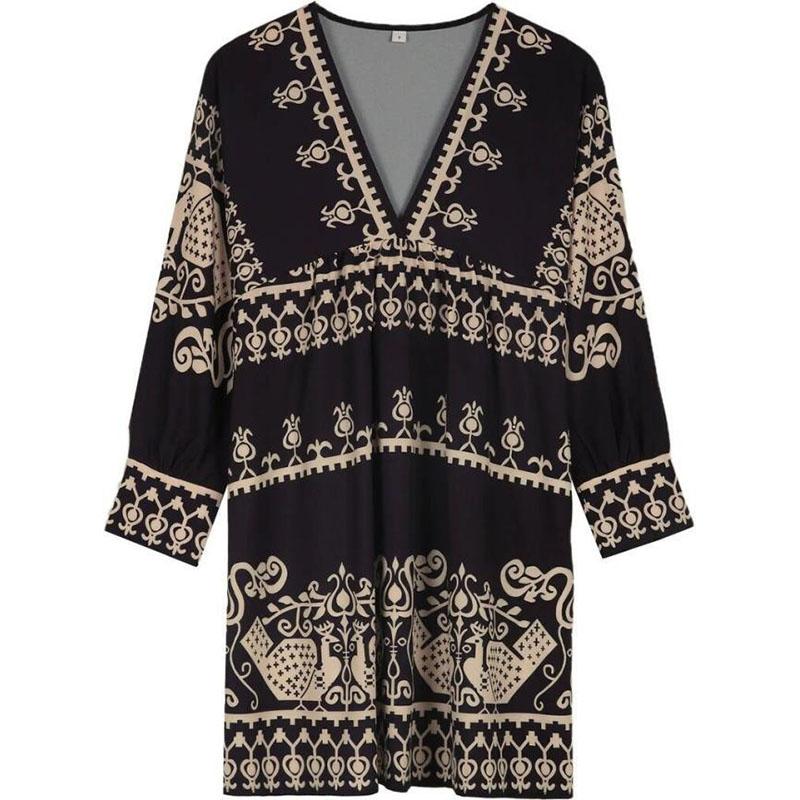 Sommer Damen Rock Vintage Lose V-Ausschnitt Langarm Bequemes Freizeitkleid