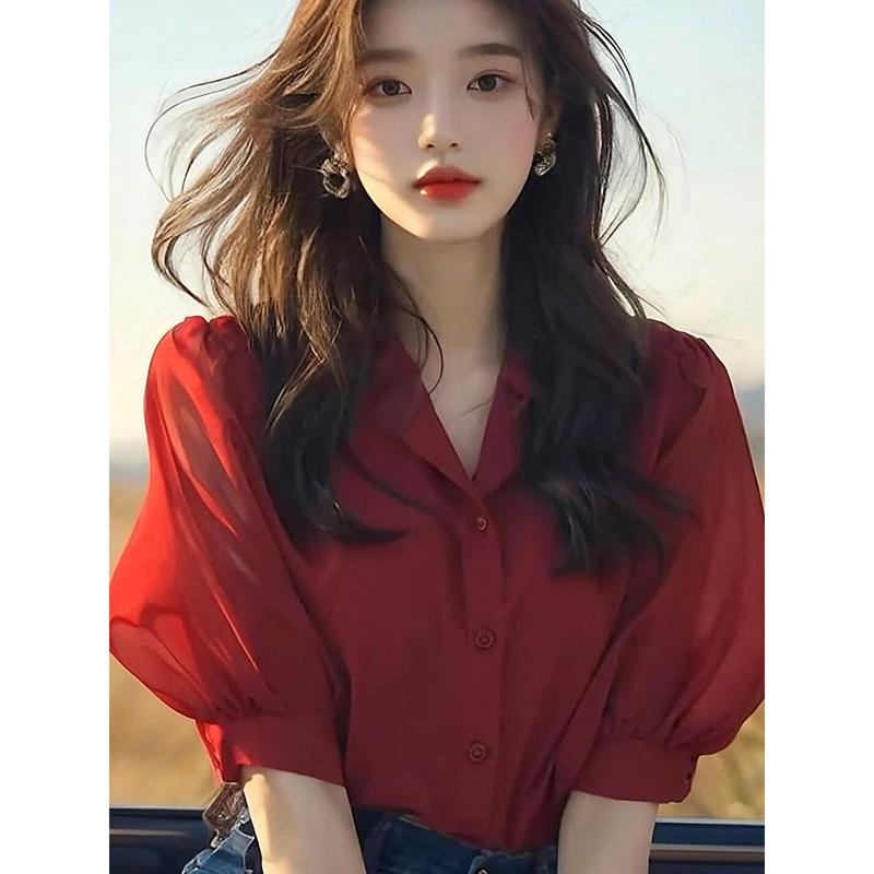 Stylish Red Puff Sleeve Blouse Women Petite Summer Casual All-match Lady Top