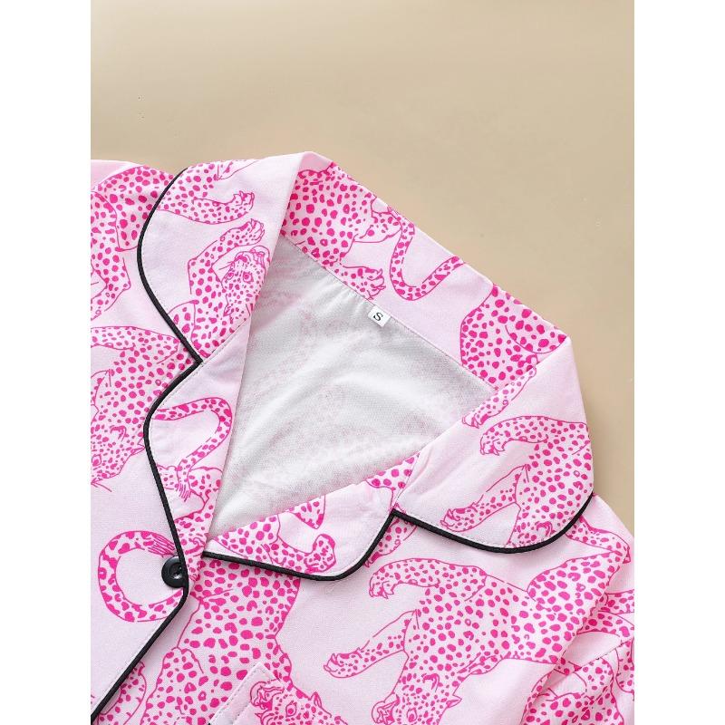 Casual Pink Leopard Print Pajama Set for Women Lapel Short-sleeved Top and Baggy Shorts Loungewear for Women