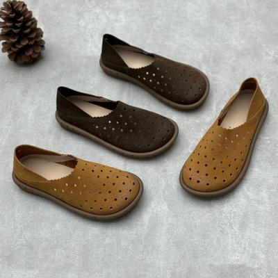 Modne GKTINOO Ręcznie robione Płaskie Buty ze Skóry Naturalnej z Wycięciami 2025 Lato Nowe Retro Mokasyny Okrągły Nosek Miękka Podeszwa Damskie Sandały