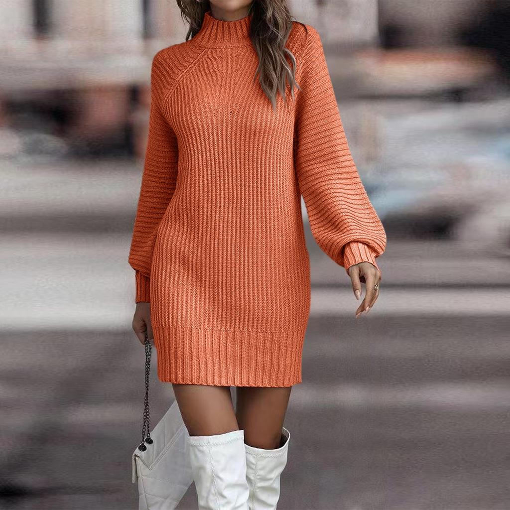 Damen Strickkleid Rollkragen Winterpullover Kleid Strickkleider Midi Einfarbig Langes Wollkleid