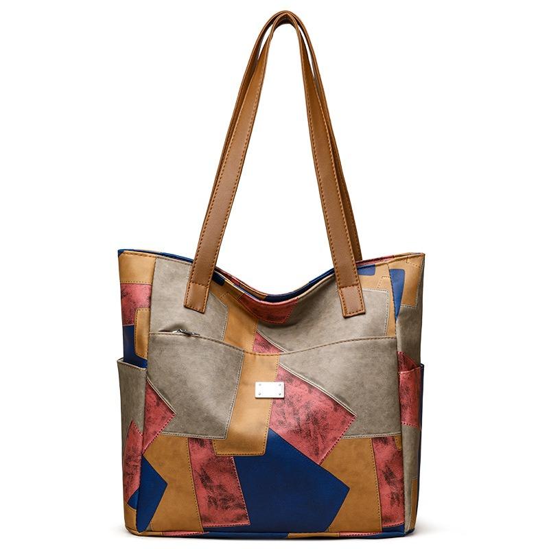 Women's Fashion Large Capacity Soft Surface Splicing Contrast Color Tote Bag Summer Shopping Bag Underarm Shoulder Bag