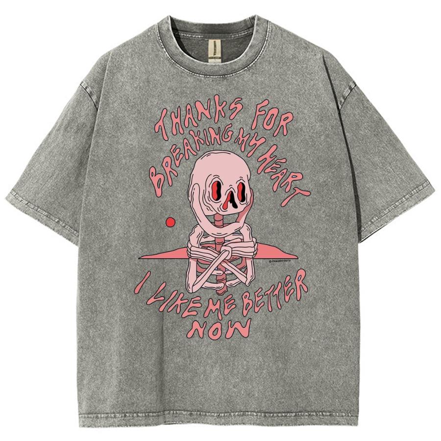 Pink Skull Print Women's Washed Denim T-Shirt Oversized Unisex Half Sleeve Spoof High Street Harajuku Style Summer