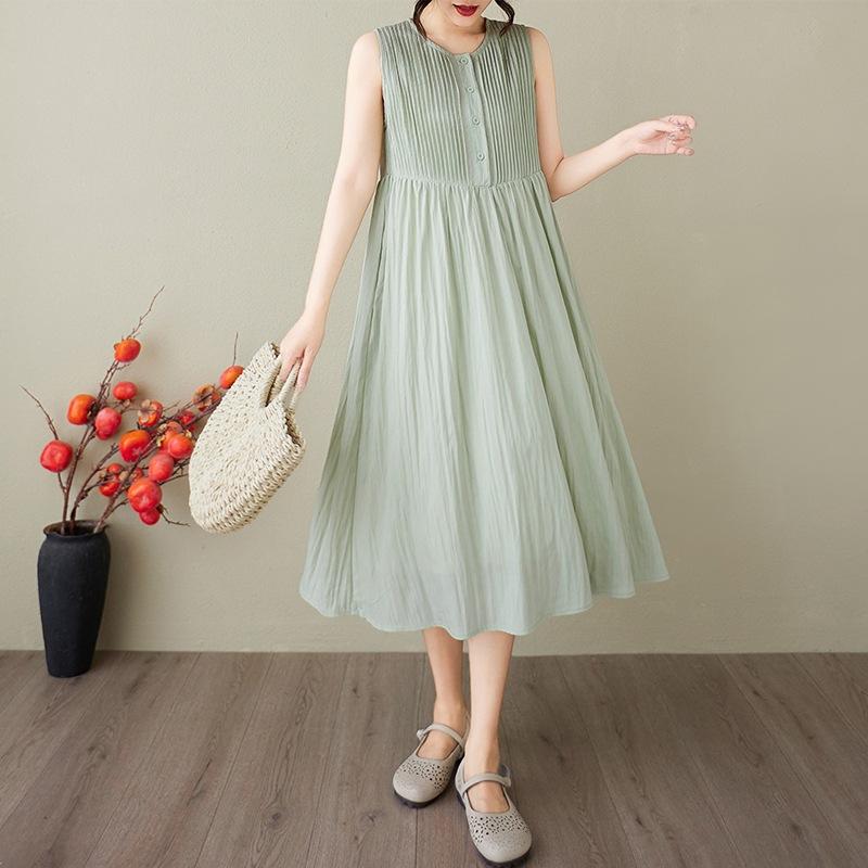 Fashion Fan Solid Color Cotton and Linen Dress Women's 2025 Summer New Crew Neck Sleeveless Pleated Temperament Medium and Long Dress