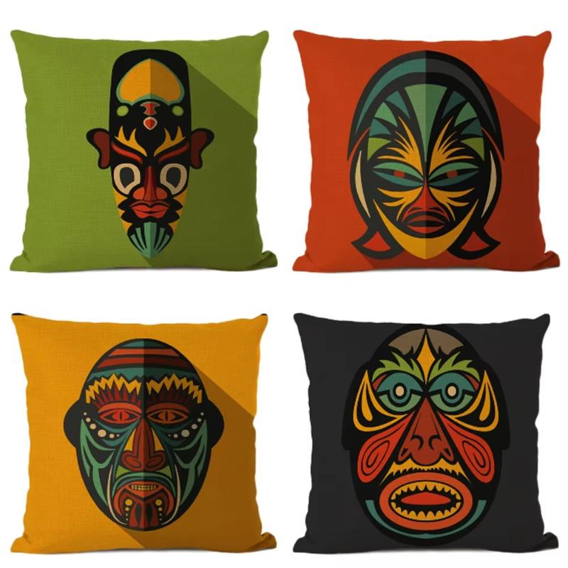 African Ethnic Tribe Totem Linen Cushion Cover Symbol Colorful Mask Printed Gallery Art Decor Pillow Case Fundas De Cojin