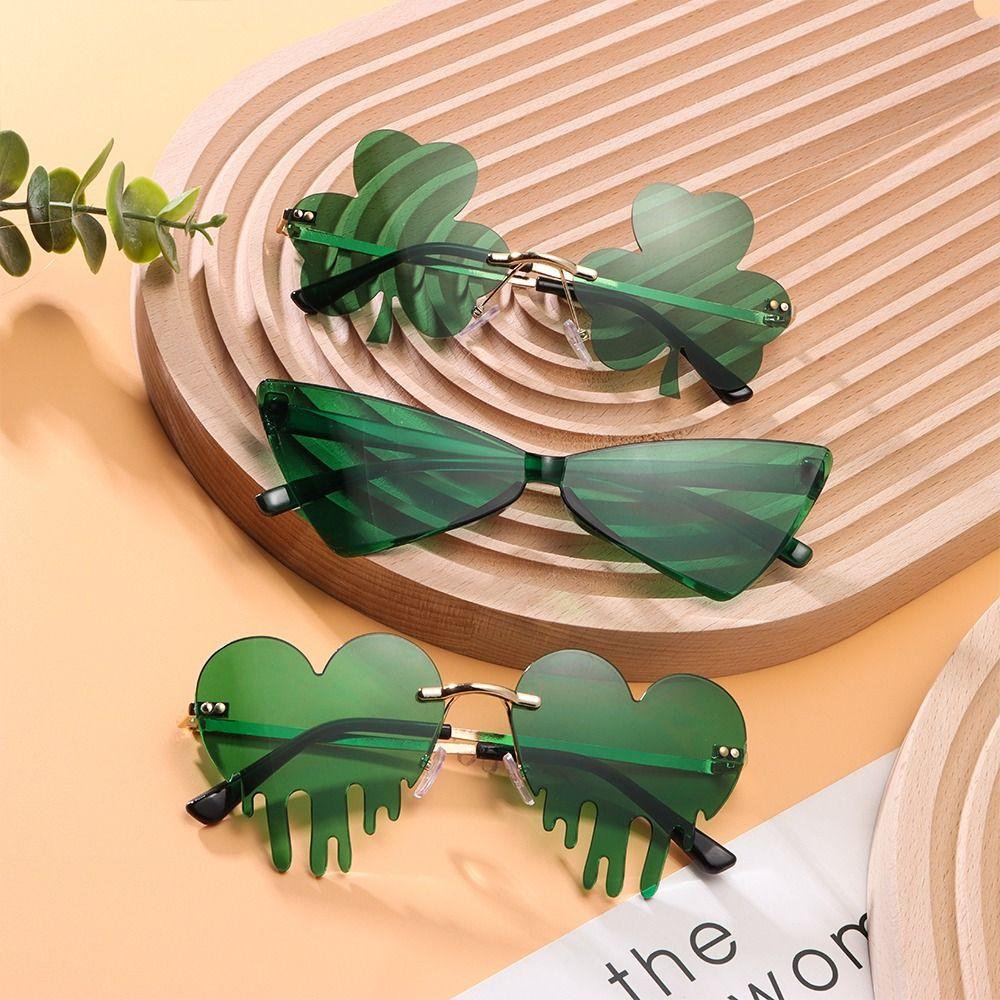 Rimless Women Men Green Four Leaf Clover Glasses St. Patrick'S Day Irish Shamrock Sunglasses Leprechaun Costume Glasses