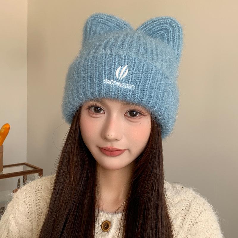 

Милая и симпатичная шерстяная шапка с кошачьими ушками, теплая шапка для защиты ушей на осень и зиму, вязаная шапка, японская шапка-пуловер, подчеркивающая лицо, для женщин