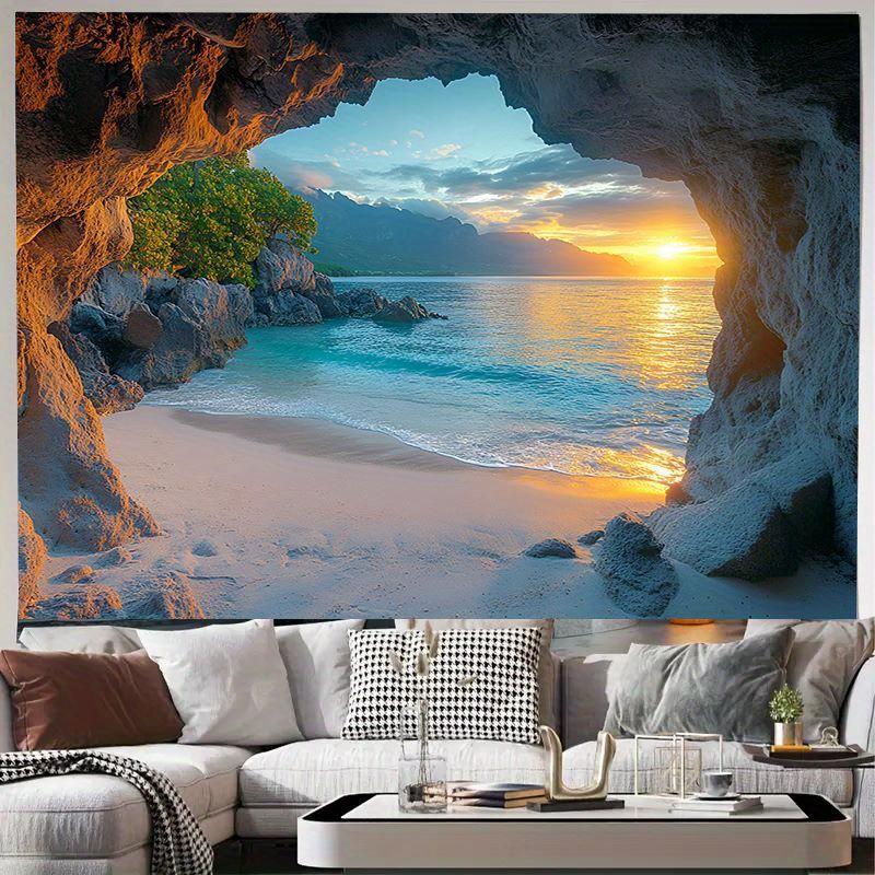 1pc Cave Seaside Sunset Knit Fabric Tapestry - Polyester Peach Skin Velvet Thin Wall Hanging, No Electricity Indoor Tapestry for 100X70CM