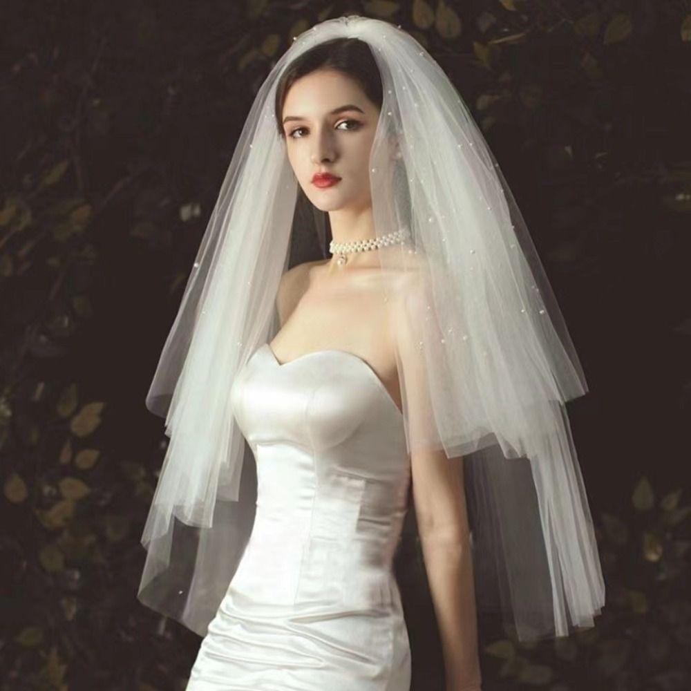 

Short Princess Puffy Multi Layer Wedding Photo Pearl Hair Comb Bridal Veil Baroque Headdress