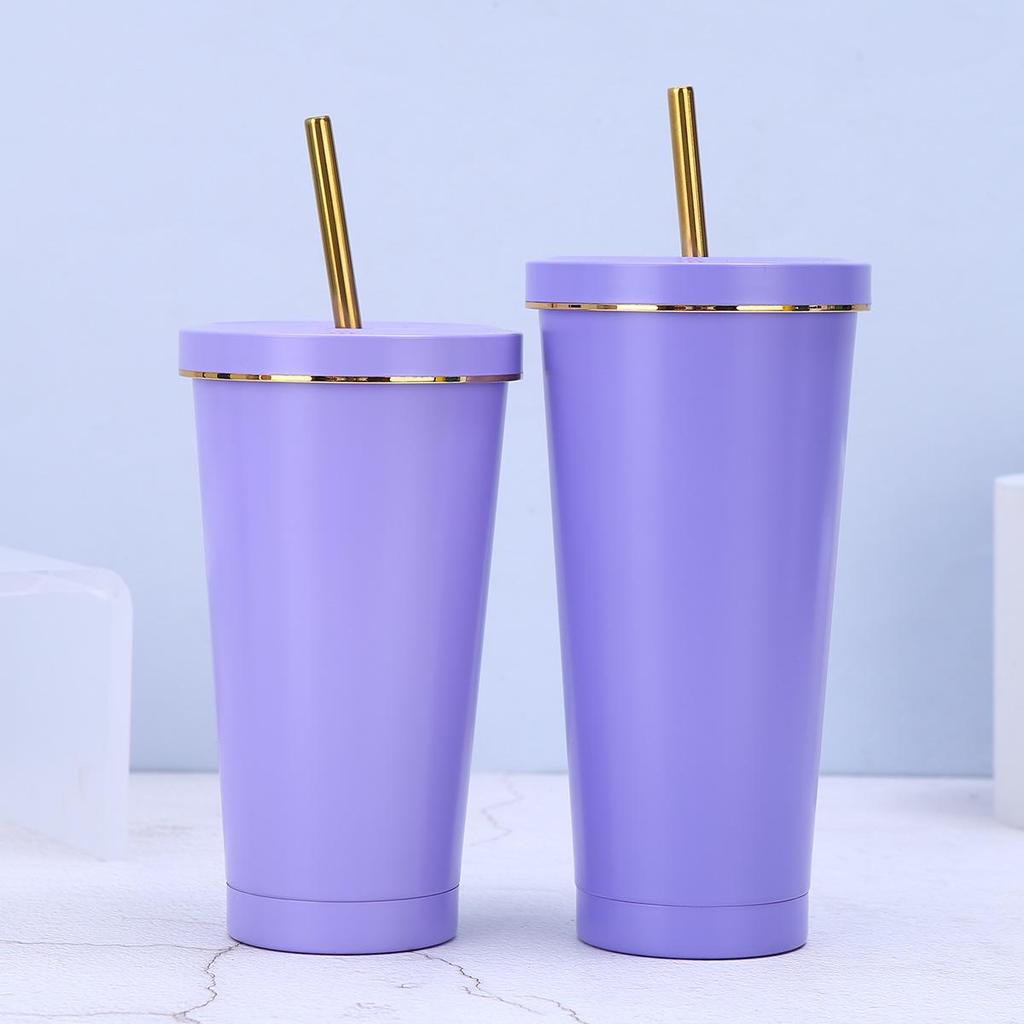 In Stock 304 Stainless Steel Straw Cup with Gold Rim - Portable Outdoor Thermos for Car Use